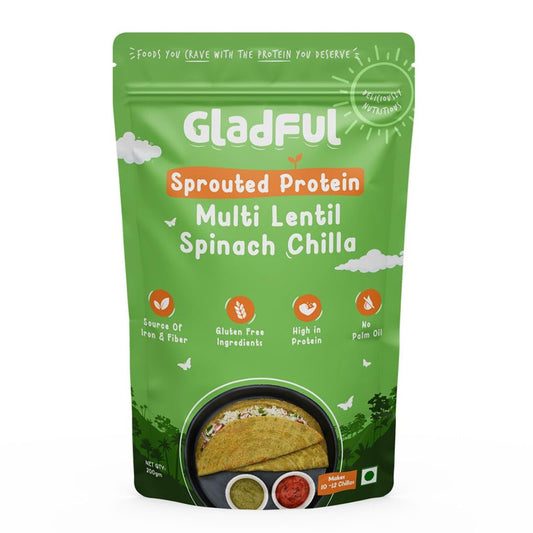 Gladful Sprouted Protein Spinach Instant Chilla Mix - No Maida, No Palm Oil, Gluten Free, High Protein & Fiber-Rich Food, 200 g