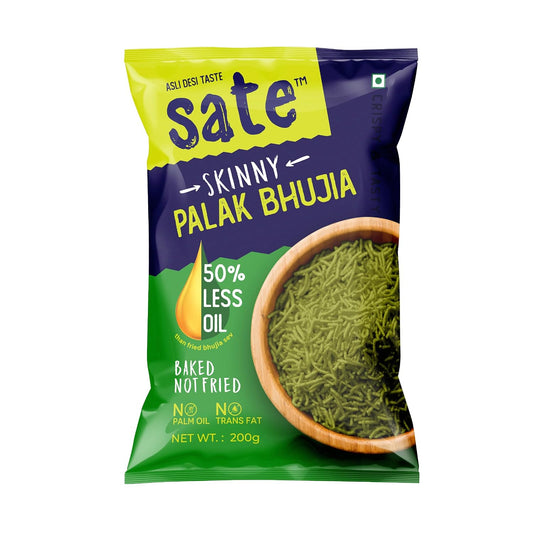 SATE Skinny -The Tasty baked Palak Bhujia Sev with 50% Less Oil, 20% Fewer Calories. No Artificial Colours. No Palm Oil. Trans-Fat & Cholesterol Free.