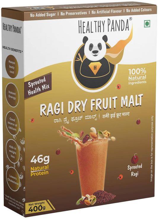 HEALTHY PANDA Organic Sprouted Ragi Dry fruit Malt 400 G- Sugar Free-Health Mix/Nutrition drink for kids/for Adults/women Complete Nutrition drink/Millets Food/Dryfruit powder