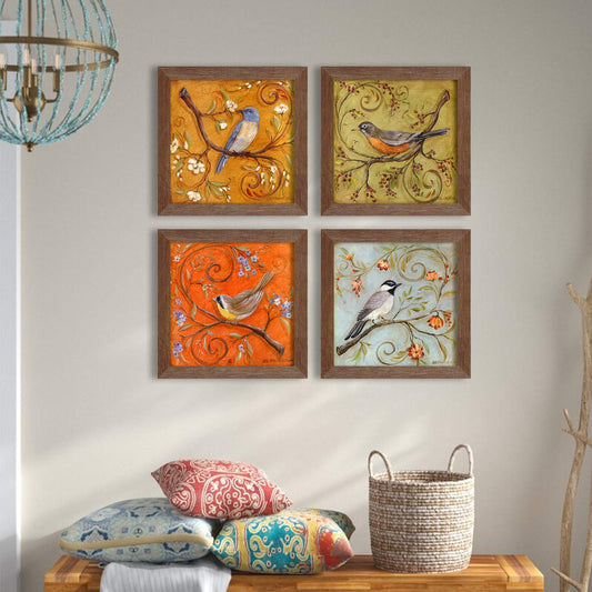 Painting Mantra - Multicolor Jardine Birds Set of 4 Brown Framed Painting,UV Textured Art Prints