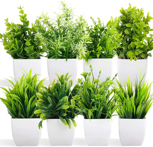 Dekorly Artificial Potted Plants, 8 Pack Artificial Plastic Eucalyptus Plants Small Indoor Potted Houseplants, Small Faux Plants for Home Decor Bathroom Office Farmhouse