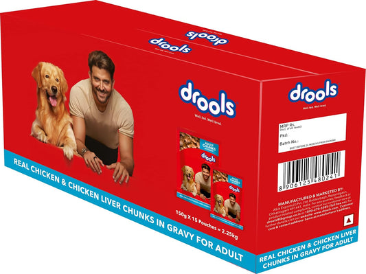 Drools Adult Wet Dog Food, Real Chicken and Chicken Liver Chunks in Gravy,2.25 Kg (150g x 15) Pack of 15