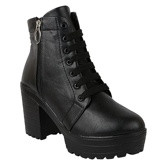 Women Zipper & Lace Up Block Heeled Boots