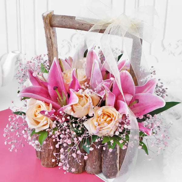 Bouquet of Roses & Lilies in Wooden Basket
