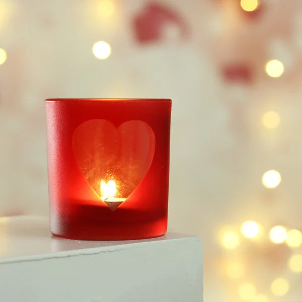 Red Glass Heart Design Tea Light Holder with Colorful Stone Tree